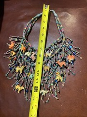 BOHO African Multi Strand Statement Necklace Wooden Carved Animals Fringe Beads
