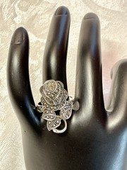 C&C Rhodium Electroplate Clark & Coombs Art Deco Marcasite Rose Flower Ring VTG