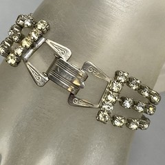 VTG Clear Rhinestone Bracelet Silver Tone Three Rows Fold Over Clasp WEAR 7″