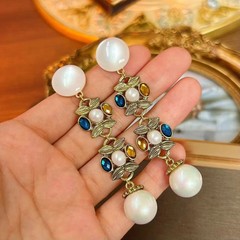 Vintage European Pearl Drop Earrings, Rhinestone Gold Tone Victorian Jewelry