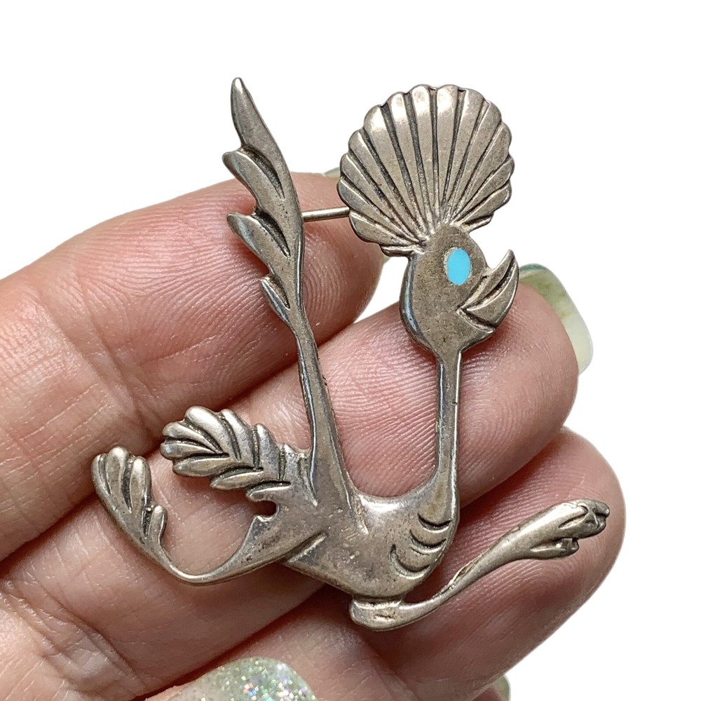 1970s Cartoon “Road Runner” Brooch, Sterling, Turquoise, Sand Cast, Old Pawn