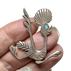 1970s Cartoon “Road Runner” Brooch, Sterling, Turquoise, Sand Cast, Old Pawn
