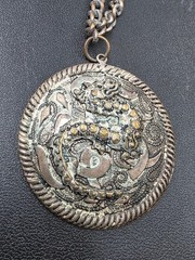 Vintage Asian Dragon Medallion Pendant Necklace | Antique Silver Tone Statement