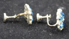 Vintage Large Pin 1 3/4″ Brooch Clear Rhinestones & Blue Vintage Clipon Earrings