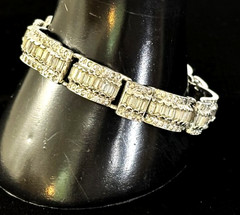 VTG ART DECO Style Rhodium Plated Baguette Rhinestone Link Bracelet 7.5″L BLING!