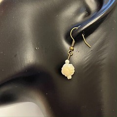 Vintage White Cream Rose Bud Flower Earrings Gold Tone Plated Carved Beads