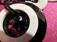 1980s Lucite & Metal Disk Charms Bells Glass Beads Necklace Black Enamel Chain
