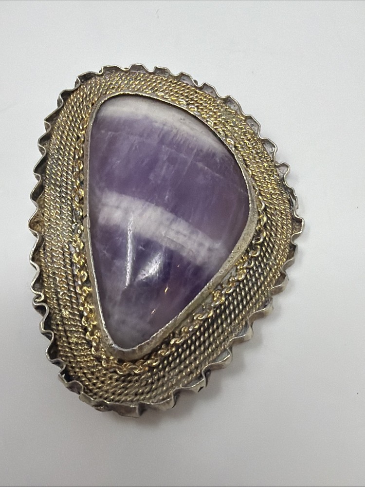 ISRAEL 935 Sterling Silver Gold Tone Vintage Amethyst Brooch Pin Pendant