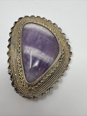 ISRAEL 935 Sterling Silver Gold Tone Vintage Amethyst Brooch Pin Pendant