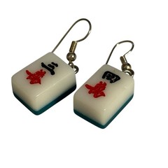 MAHJONG Tile Earrings White And Green Pierced Dangle Drop Acrylic Plastic VTG