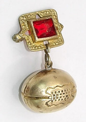 Antique Gold Tone & Brass Football Dangle 1.25″ Pin Brooch Red Glass