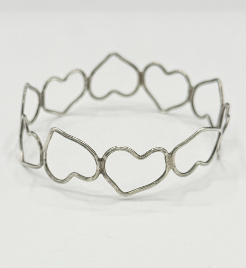 Vintage Modernist Open Work Heart Bangle Bracelet Sterling Silver