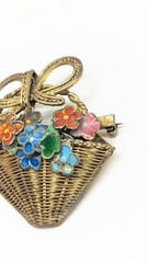 Chinese Export Gold Gild Brass Silver Enamel Flower Basket Pin Brooch Vintage