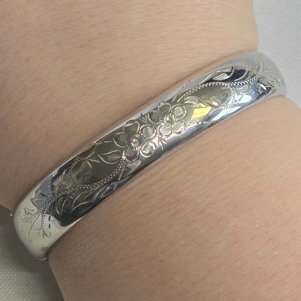 Vtg Sterling Silver H.F.B Bangle 15.97g Fine Jewelry 7″ Etched Floral Design