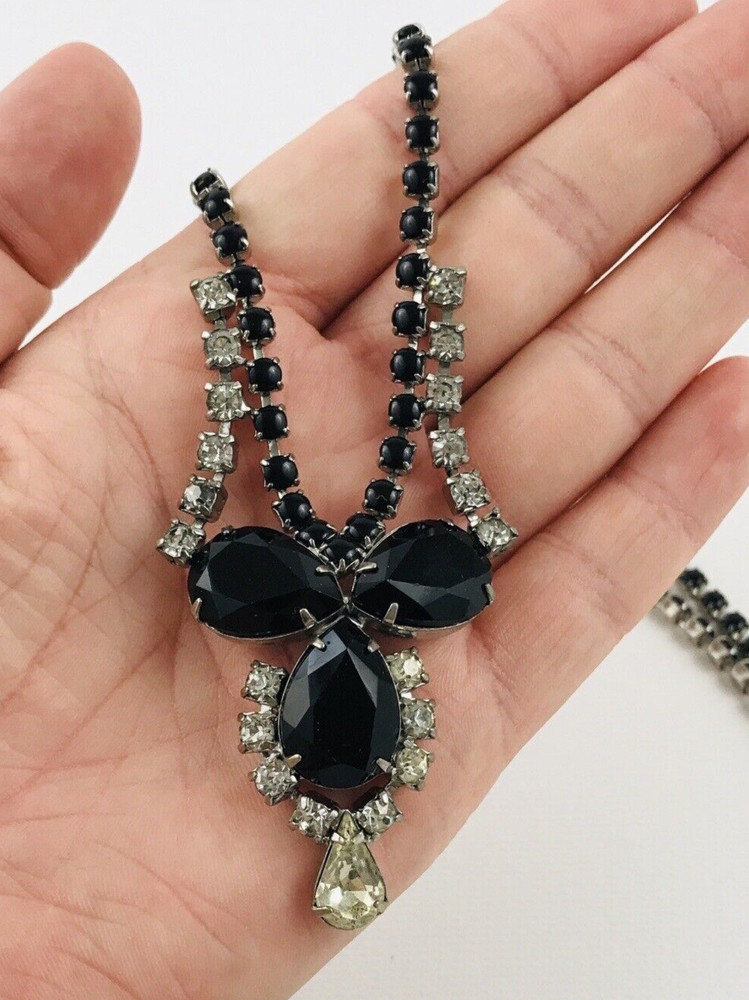 Vintage Estate Jet Black Clear Glass Rhinestone Necklace Elegant Long 24″