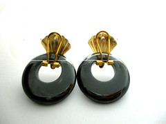 Vtg Black Hematite Hoop Stone Gold tone Door Knocker Earrings Interchangeable