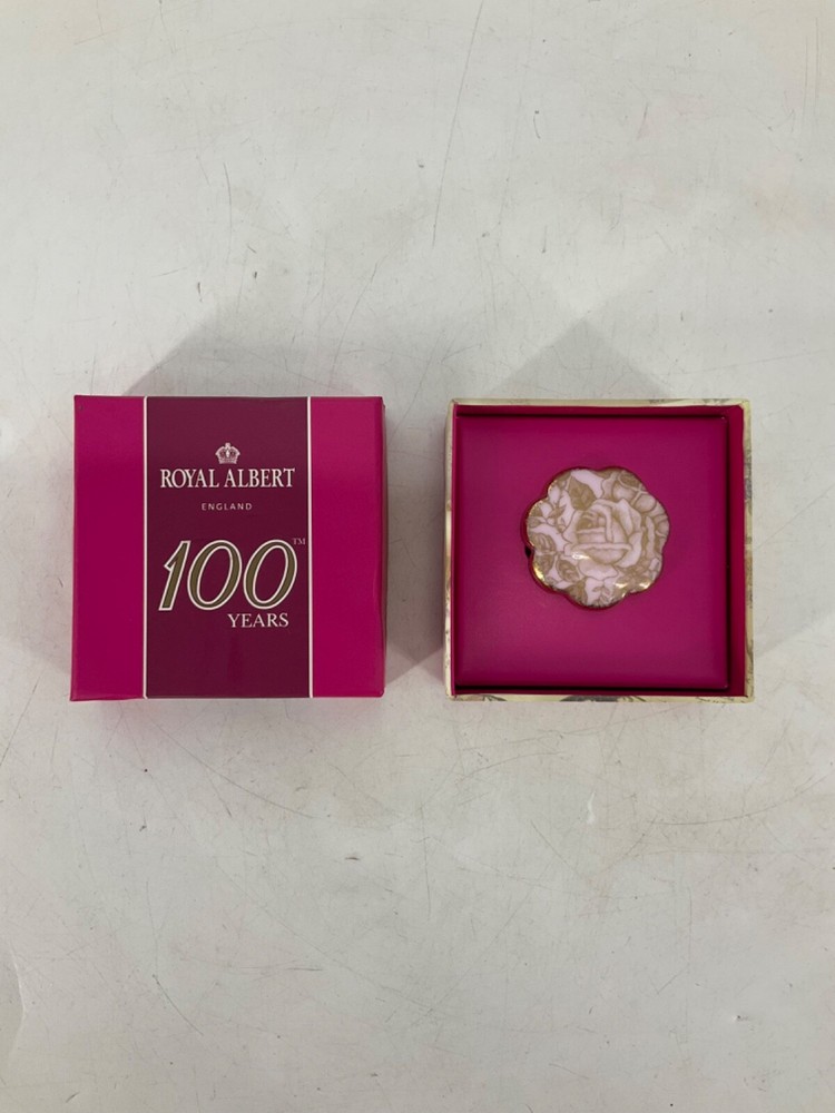 RARE Royal Albert 100 Years Anniversary Brooch Golden Roses Porcelain NEW IN BOX