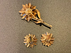Vintage Gold Tone Multicolor Rhinestone Flower Brooch Pin And Earrings Set