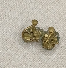Art Deco Czech Aqua Blue Stone Earrings Flower Basket Gold Tone Screw Back