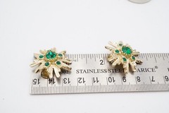 Vintage Clip On Earrings Gold Tone Green Rhinestone G8
