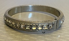 1920s Art Deco Rhinestone Hinged Bangle Signed ALLCO Square Cut Channel Set 7″
