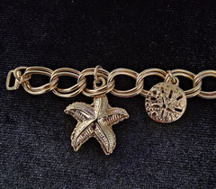 Vtg Lot Gold Tone Nautical Charm Bracelet Sea Turtle & Faux Pearl Crab Brooch