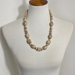 Beaded Statement Necklace Square & Round Beads Flat Gold & White Spacers