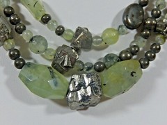 MASSIVE VTG STERLING SILVER RARE 3 STRAND NATURAL PREHNITE AND PYRITE NECKLACE