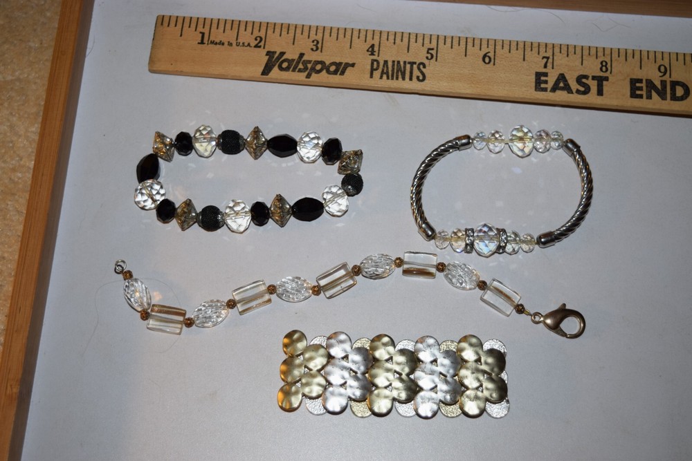 Vintage to now lot of 4 glass plastic metal crystal beaded bracelets