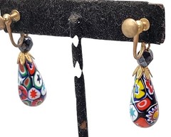 Venetian Millefiori Dangling Screwback Earrings Gold Teardrop Art Glass Vtg