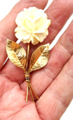 Beautiful Gold Filled 2.5″ White Rose w/Leaves Brooch Pin