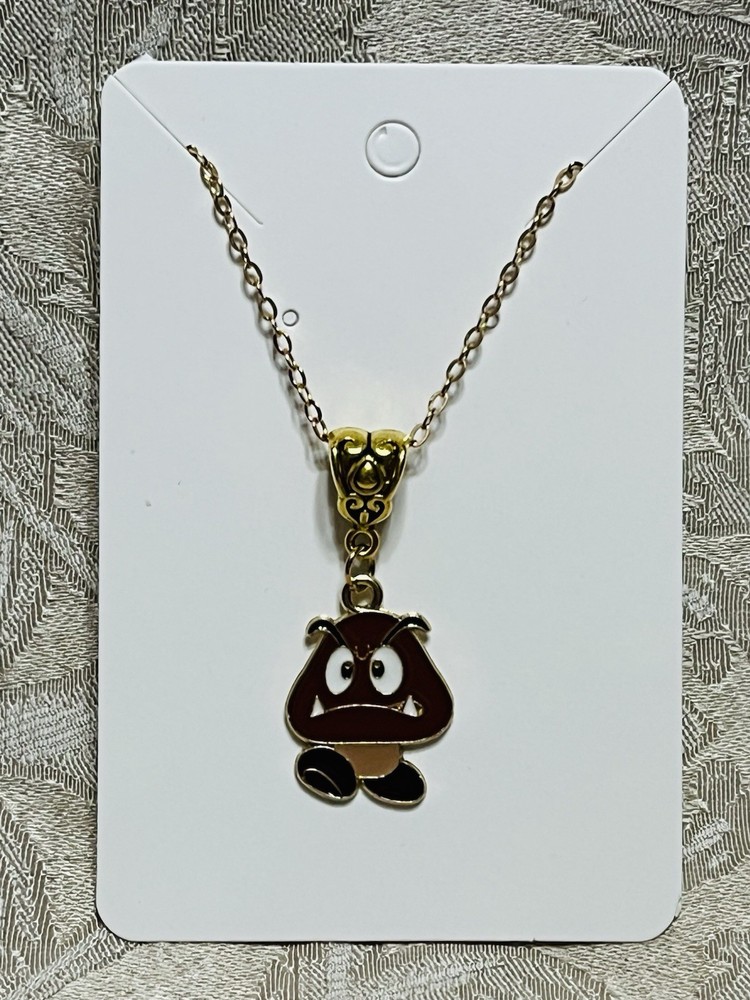 Cartoon Goomba Mario Video Game Gold Enamel Bohemian Fashion Trendy Necklace 18”