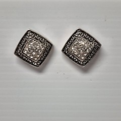 Vtg Square Pavé Crystal Rhinestones Silver Plate Pierced Stud Earrings