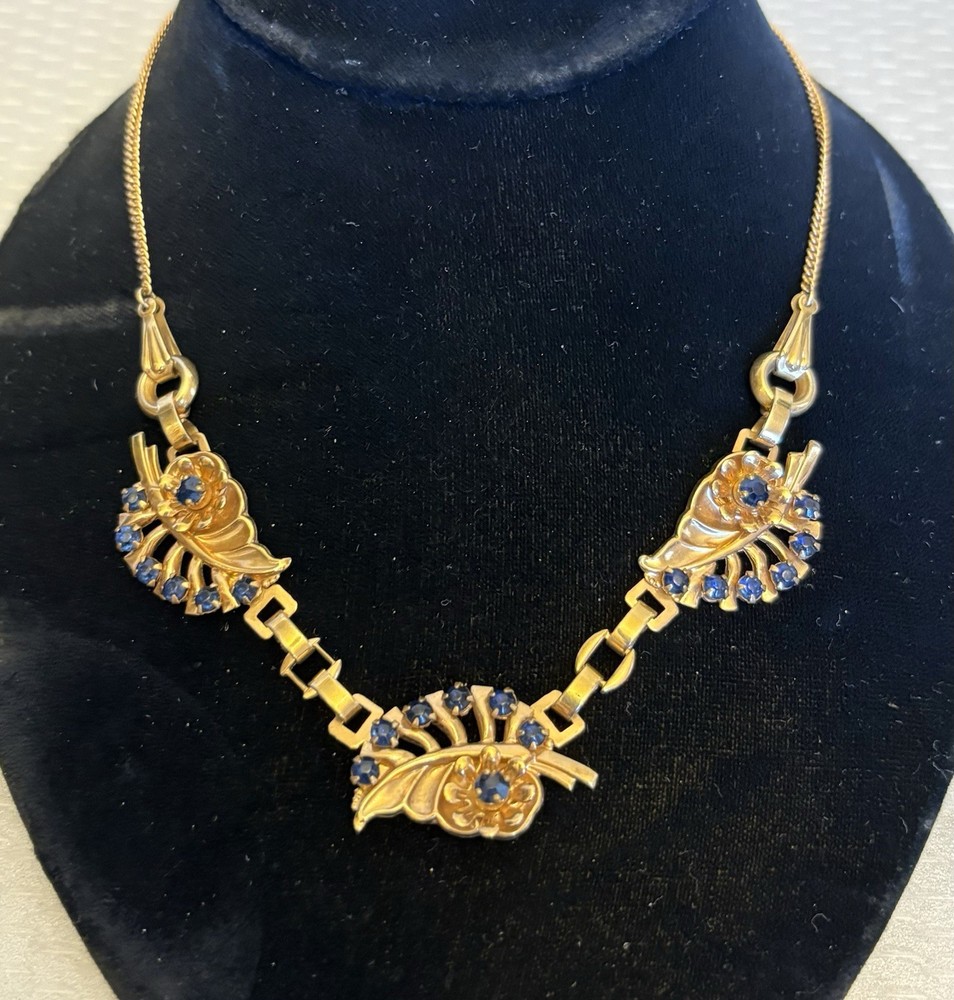 40s Retro Barclay Goldfilled Necklace Blue Rhinestone Floral Multi Tone Gold GF