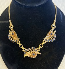 40s Retro Barclay Goldfilled Necklace Blue Rhinestone Floral Multi Tone Gold GF