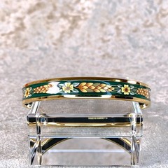 Vintage Hermes Enamel Bangle Bracelet Green Enamel Hibiscus Gold Rim 65 w/Case