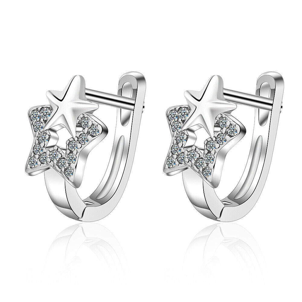 Star Huggie U-Hoop Girl’s Earrings 2.2 Ct Simulated Diamond 14K White Gold Over