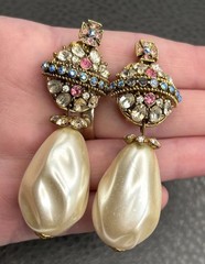 Rare Serbin Massive Royal Cross VTG 80s Faux Pearl Rhinestone Earrings Runway