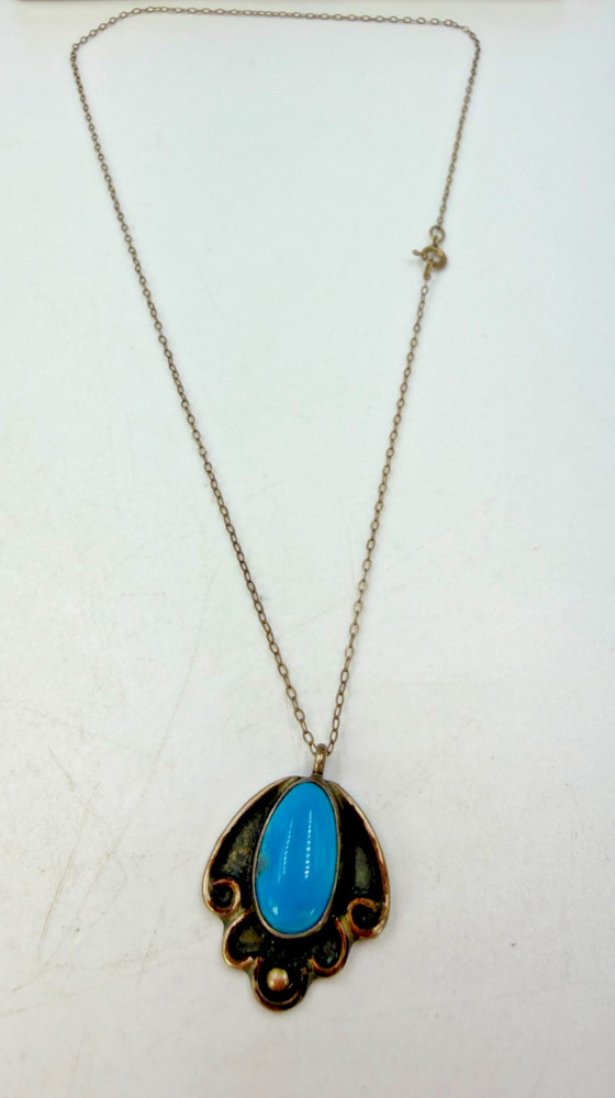 Vintage Necklace Native American Blue Turquoise Chain Pendant Signed 15 in