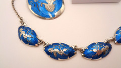 Vintage Sterling Silver Siam Niello Blue Enamel Necklace Brooch Clip Earring Set