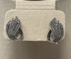 Vintage Sterling Silver 925 Marcasite Earrings SD Hallmark Abstract Leaf Studs