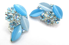 Lisner Signed Blue Thermoset and AB Rhinestone Climber Vintage Clip-On Earrings