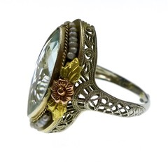 14k Solid White Gold Yellow & Rose Accented Aquamarine Pearl Filigree Ring Sz 5