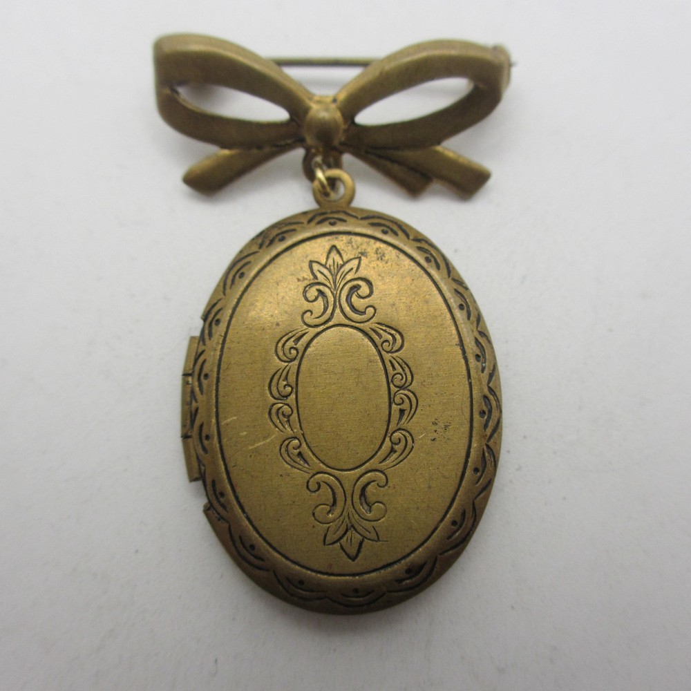Vintage Bow Locket Brooch Oval Etched Gold Tone