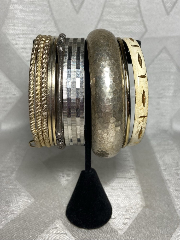 Vintage Mixed Metal Bangle Bracelet Lot – Gold Silver Hammered Stackable Bundle