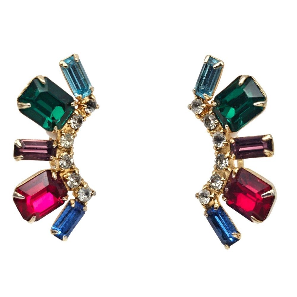 Vintage Dafri Colorful Rhinestone Crystal Clip On Earrings Screw Back Gold Tone