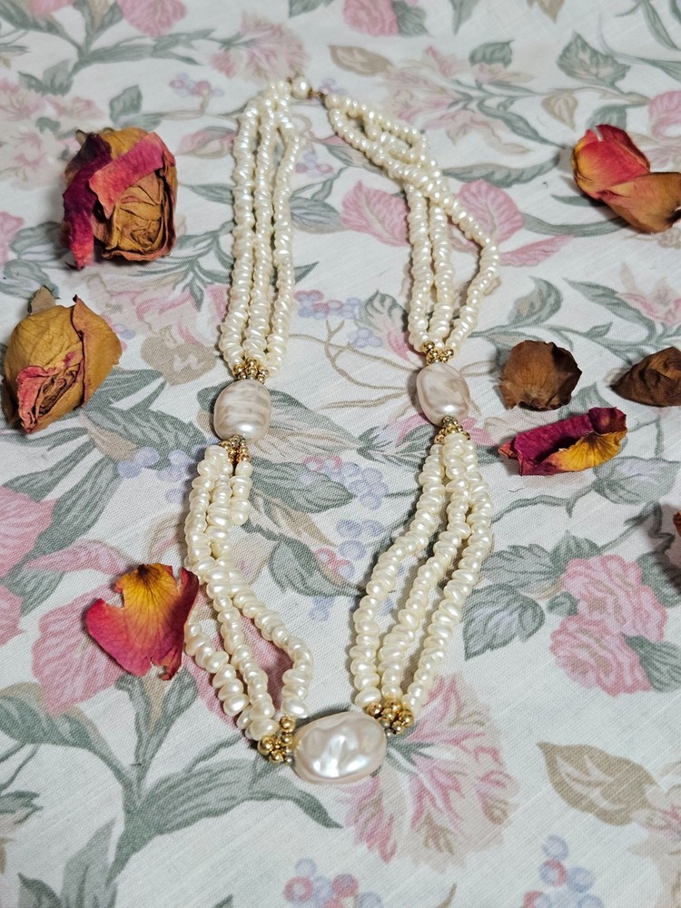 Vintage Marvella Multi-Strand Faux Seed Pearl and Baroque Station Necklace