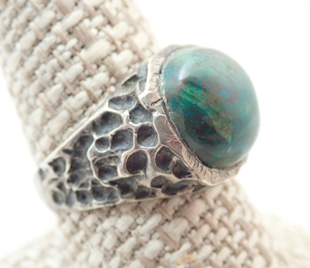 Vintage Chrysocolla Brutalist Modernist Sterling Silver Band Ring Sz 9.75