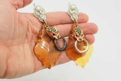 Retro Art Deco Vintage acrylic studded crystals leopard cat doorknocker earrings