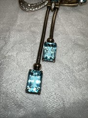 VTG Mazer Sterling Vermeil Aqua Rhinestone Ribbon Bow Dangle Brooch Pin